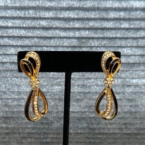 Christian Dior Earrings - Gold, Black Enamel and Chrystal Swirled Drops Vtg. 90s